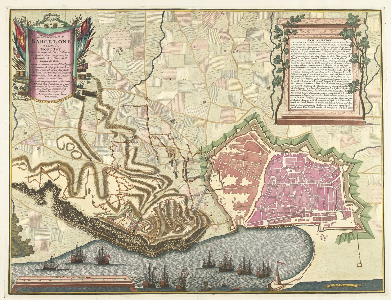 Kaart van het beleg van Barcelona, ​​1706 Barcelonan kaupungin ja Chateau de Mont Juyn kartta Ranskan armeijan lähestymistavoilla (...) (otsikko esineessä) tekijältä Pieter van Call (II)