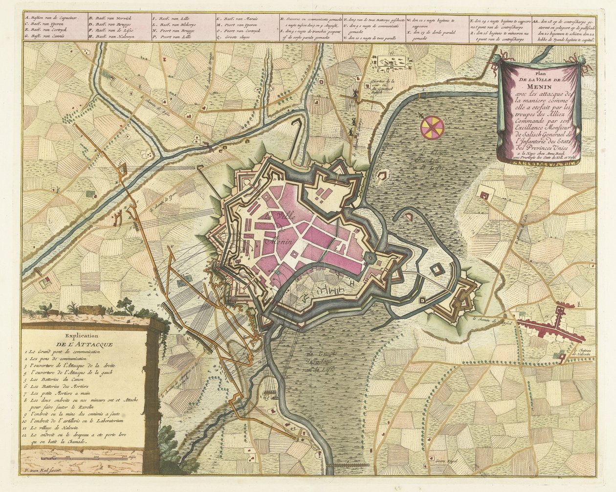 Kaart van het beleg van Menen, 1706 Meninin kaupungin suunnitelma liittoutuneiden joukkojen (...) hyökkäyksillä (...). (otsikko esineessä) tekijältä Pieter van Call (II)
