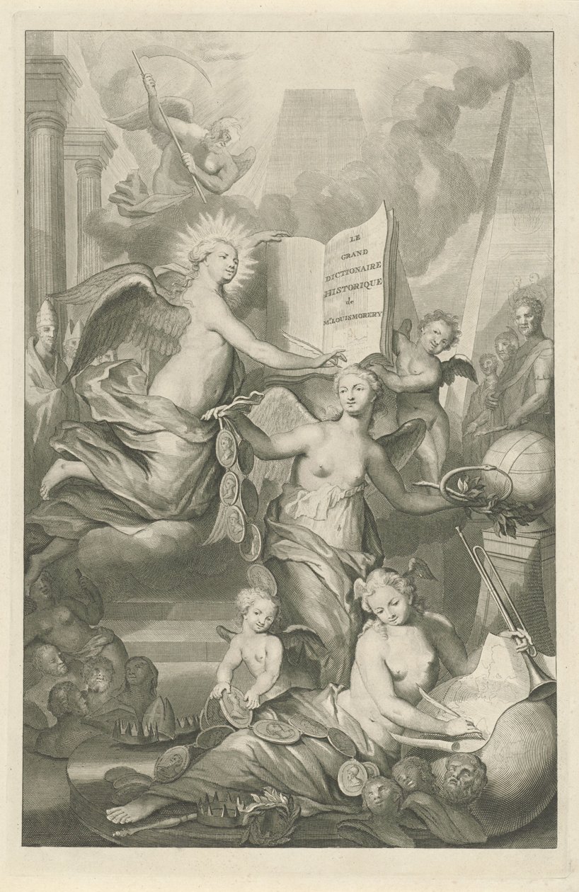 Maine, ikuisuus ja kirjoittamistaide Louis Morérin nimilehti, Le grand dictionaire historique, 1731 tekijältä Pieter van Gunst