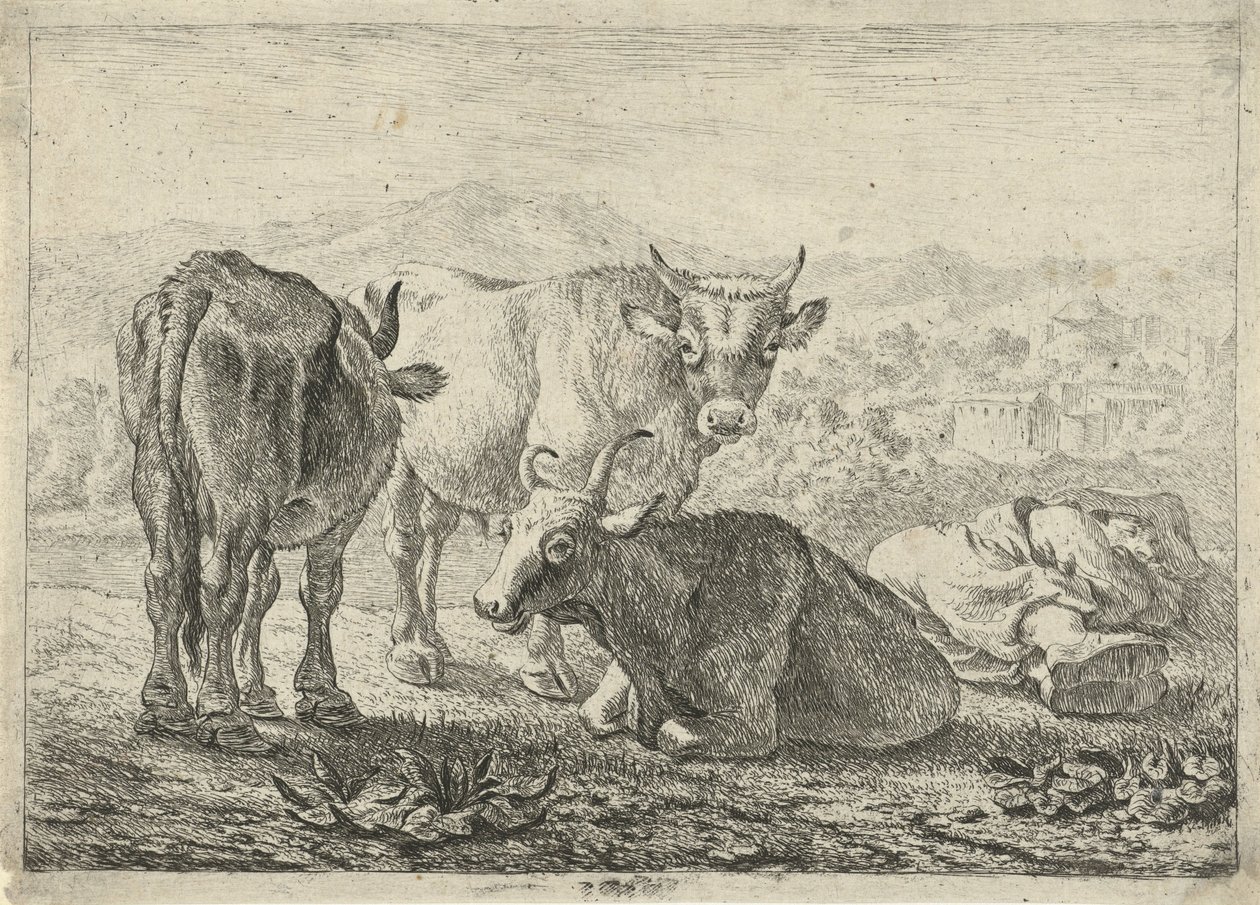 saksa: Drei Rinder und ein schlafender Hirte
French: Les boeufs
Kolme karjaa ja nukkuva paimen. tekijältä Pieter van Laer