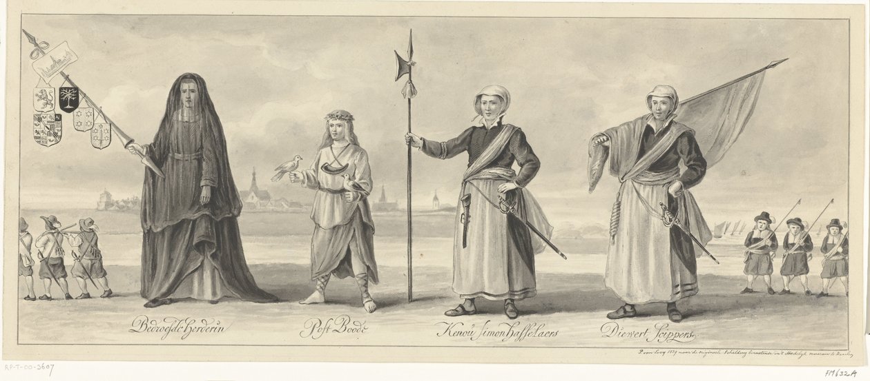 Haarlemin retoriikkojen kamarin kulkue Haarlemin piirityksen muistojuhlissa, n. 1660 tekijältä Pieter van Looy (signed by artist)