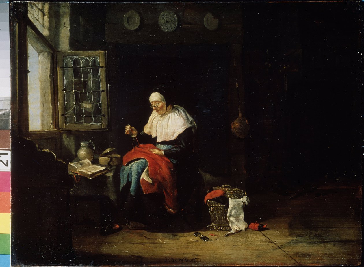Käsityöt. Vanha nainen ikkunan edessä maksaa punaisen kankaan. Hänellä on silmälasit päässä. Pieter Van Noortin maalaus (1602-1662 jälkeen) tekijältä Pieter van Noort