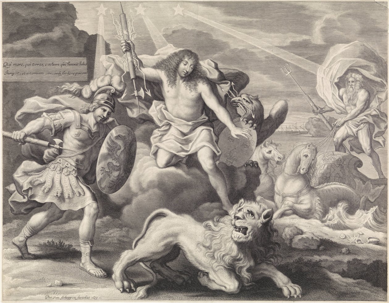 Mainosprintti, jossa allegorinen esitys Ludvig XIV:stä Jupiterina, 1659 tekijältä Pieter van Schuppen