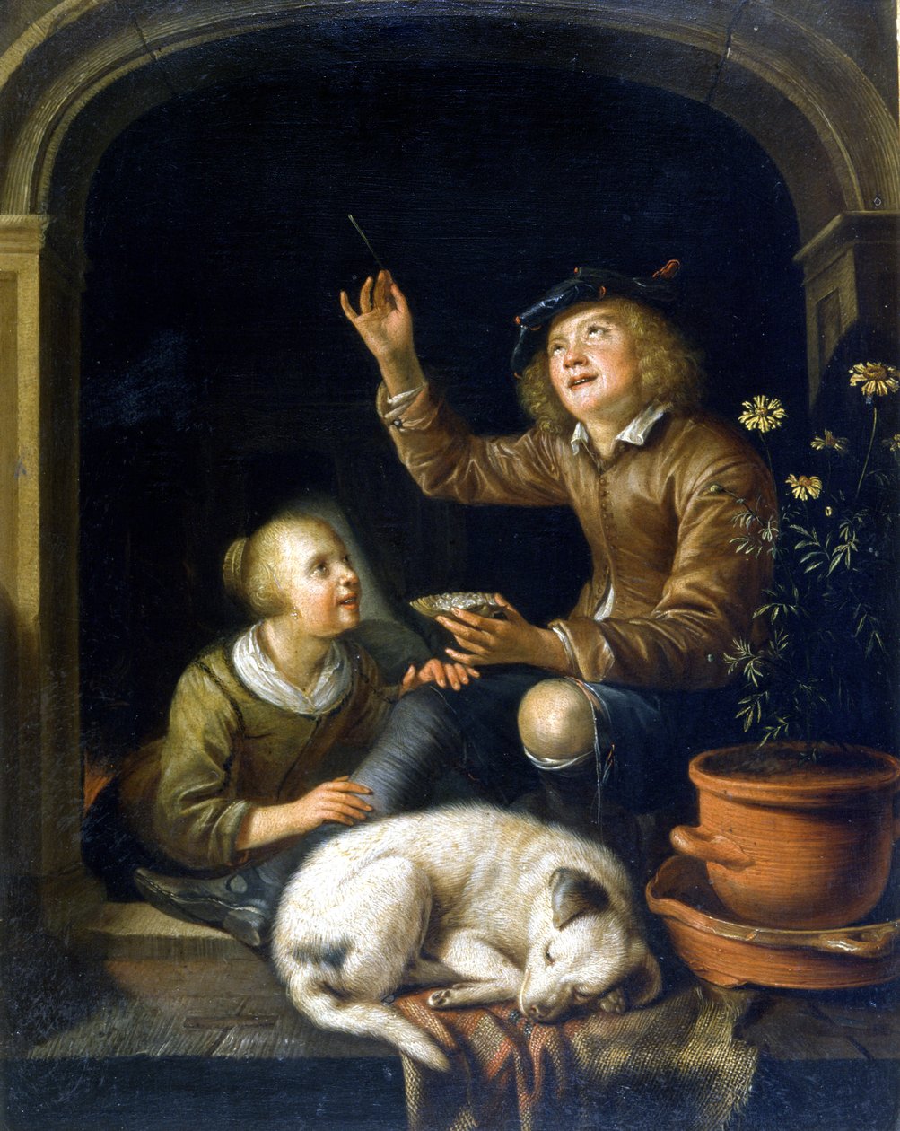 Saippuakupla. Pieter Cornélisz van Slingelandtin (1625 - 1691) maalaus. Milanon Museo del Castello. tekijältä Pieter van Slingelandt