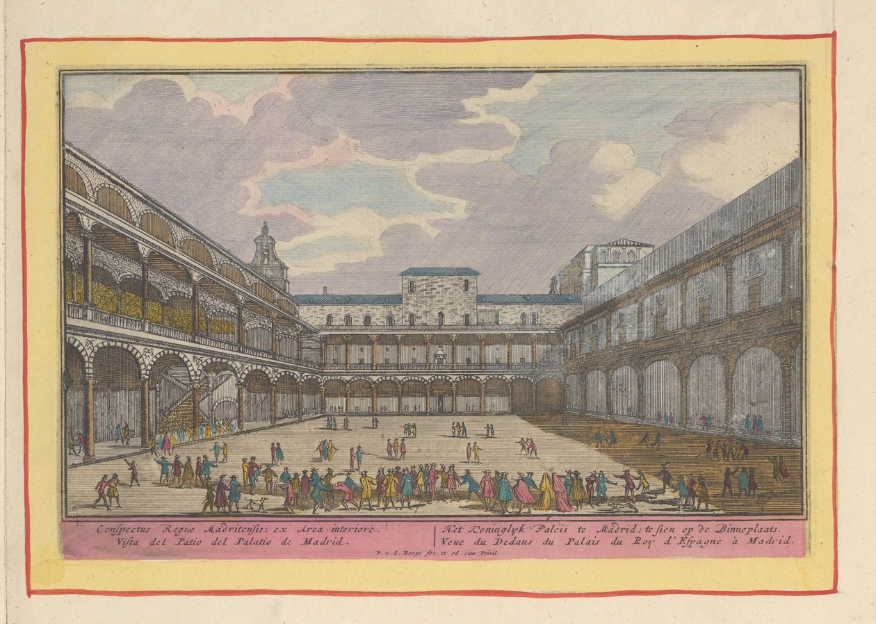 Madridin kuninkaallisen palatsin piha Kuninkaallinen palatsi Madridissa; esillä Binnenplaatsilla (otsikko esineessä) Theatrum Hispaniae (...) (sarjan nimi) tekijältä Pieter van den Berge