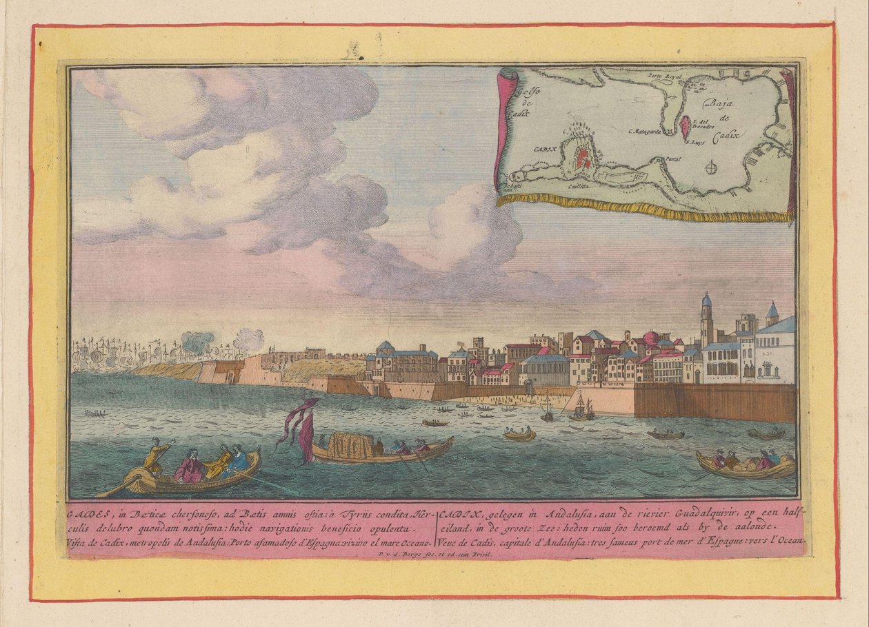 Näkymä Cadizista Cadix, sijaitsee Andalusiassa, Guadalquivir-joella, puolisaarella (...) (otsikko esineessä) Theatrum Hispaniae (...) (sarjan nimi) tekijältä Pieter van den Berge