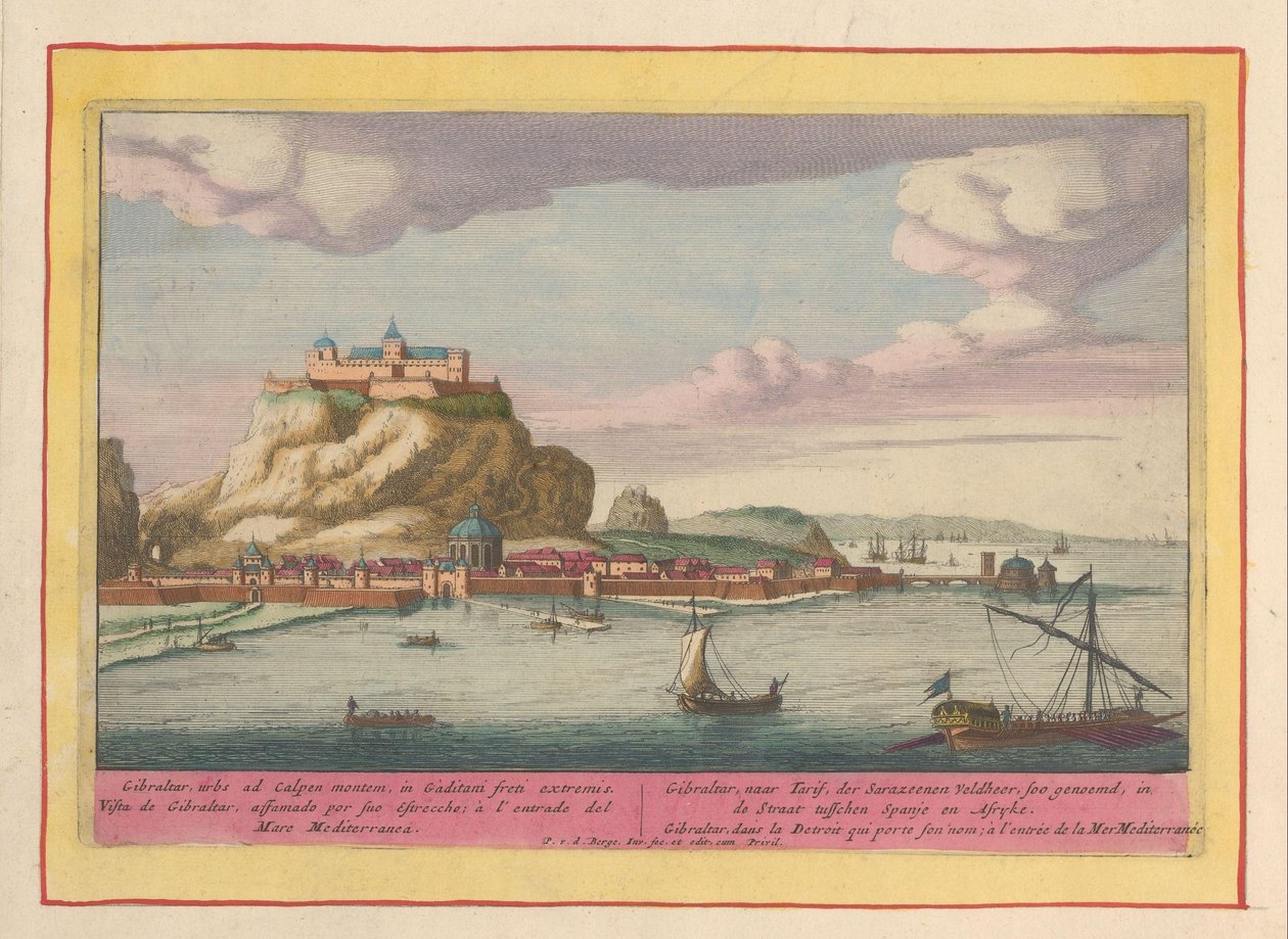 Näkymä Gibraltarille Gibraltar, Tarif, der Sarazeenen Veldheer, niin kutsuttu, salmessa Espanjan ja Afryken välillä (...) (otsikko esineessä) Theatrum Hispaniae (...) (sarjan nimi) tekijältä Pieter van den Berge