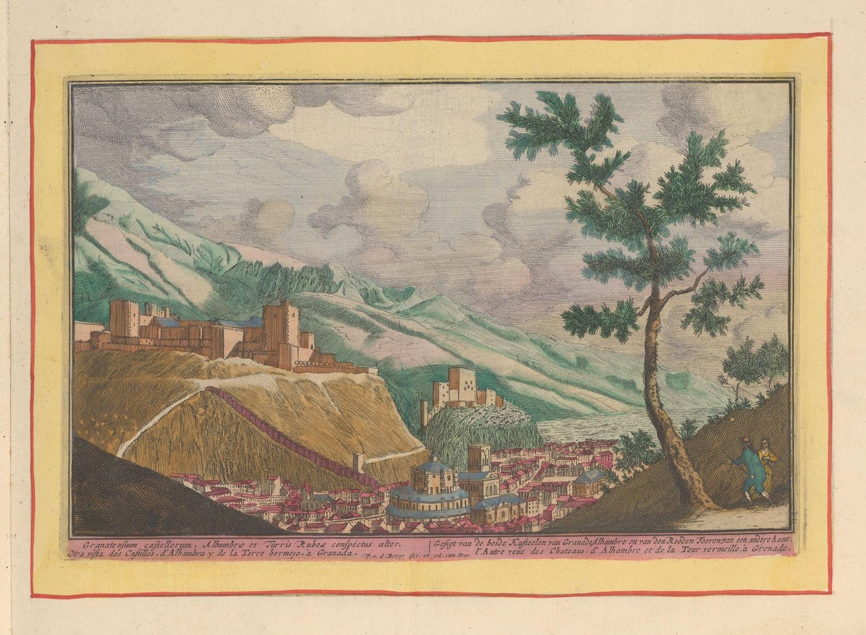 Näkymä Granadasta ja Alhambran rakennuksista Granade, Alhambren ja van den Rooden Toorenin linnan Gesigt; toiselta puolelta (otsikko esineessä) Theatrum Hispaniae (...) (sarjan nimi) tekijältä Pieter van den Berge
