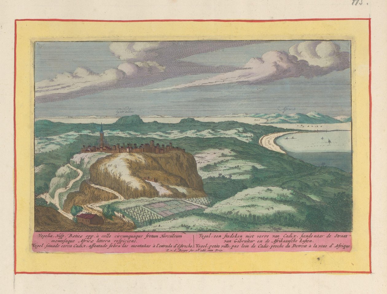 Näkymä Vejer de la Fronteralle Vegel, linnoitus lähellä Cadixia, katseli Gibraltarin salmea ja Afrikan rannikkoa (otsikko esineessä) Theatrum Hispaniae (...) (sarjan nimi) tekijältä Pieter van den Berge