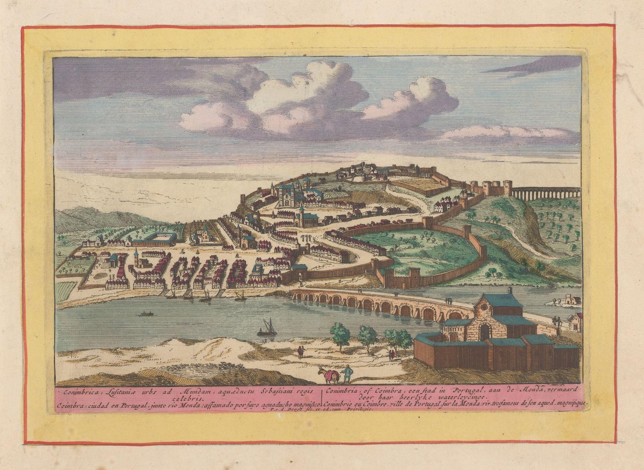 Näkymä portugalilaiseen Coimbran kaupunkiin Coimbra tai Coimbra, kaupunki Portugalissa, Mondassa (otsikko esineessä) Theatrum Hispaniae (...) (sarjan nimi) tekijältä Pieter van den Berge