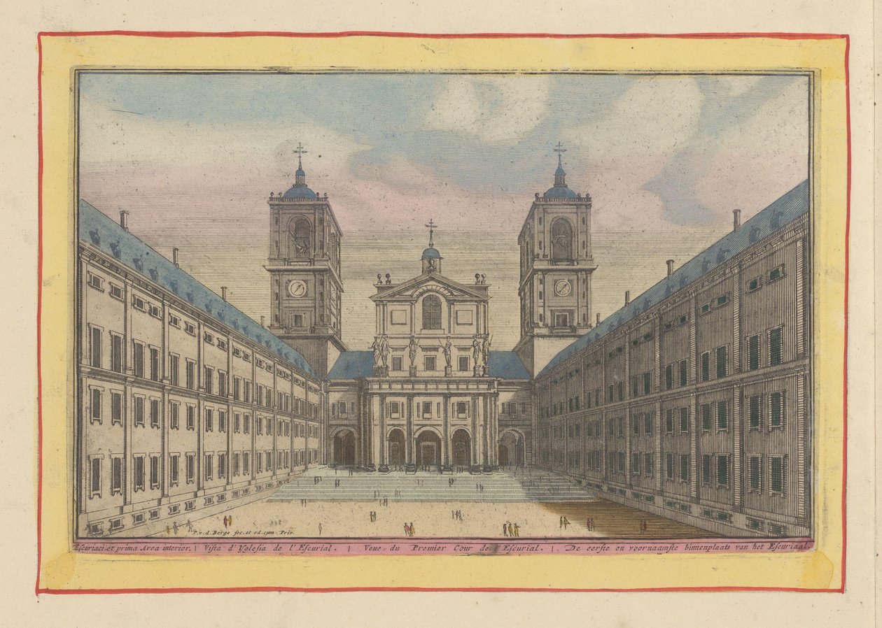 Näkymä sisäpihalle ja sisäänkäynti San Lorenzon kirkolle Escorialissa Escurialin ensimmäinen ja pääpiha (otsikko esineessä) Theatrum Hispaniae (...) (sarjan nimi) tekijältä Pieter van den Berge