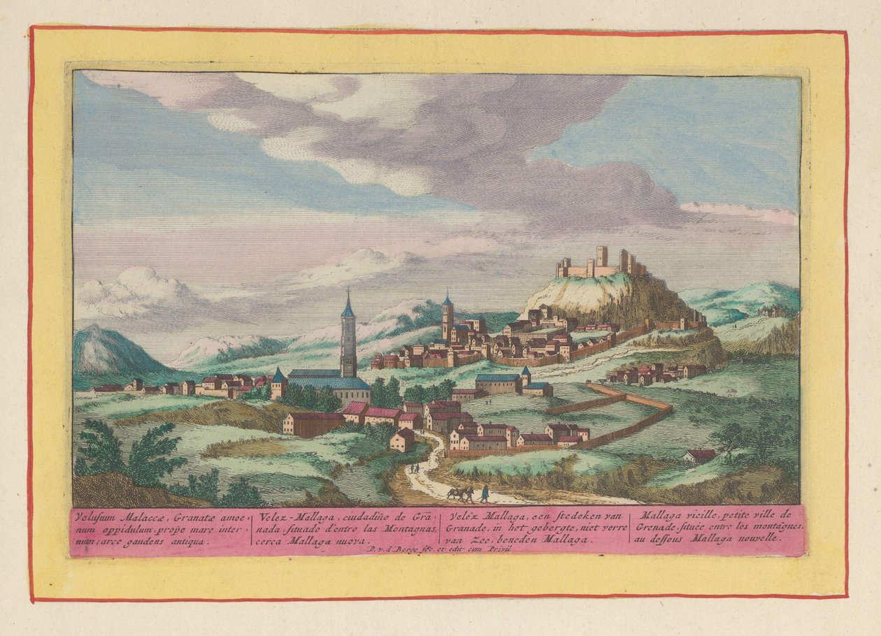 Näkymä Vélez-Málaga-paikalle Andalusiassa Vélez Mallaga, Granaden kaupunki, vuoristossa, lähellä merta, Mallagan alapuolella (otsikko esineessä) Theatrum Hispaniae (...) (sarjan nimi) tekijältä Pieter van den Berge