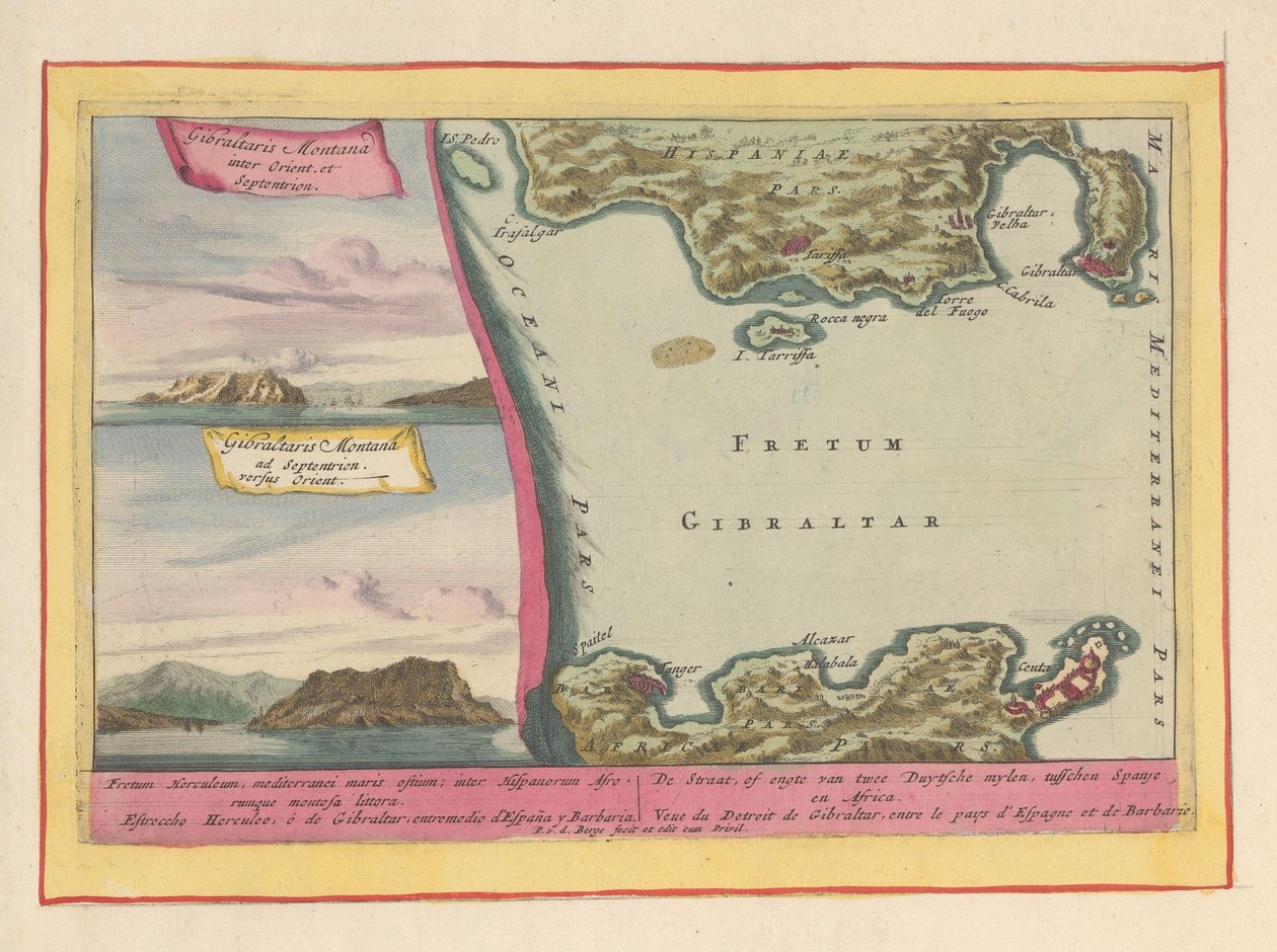 Näkymä Gibraltarin kalliolle ja Gibraltarin salmen kartta Salmi tai kahden Duytsche mylenin salmi Espanjan ja Afrikan välillä (...) (otsikko esineessä) Theatrum Hispaniae (...) (sarjan nimi) tekijältä Pieter van den Berge