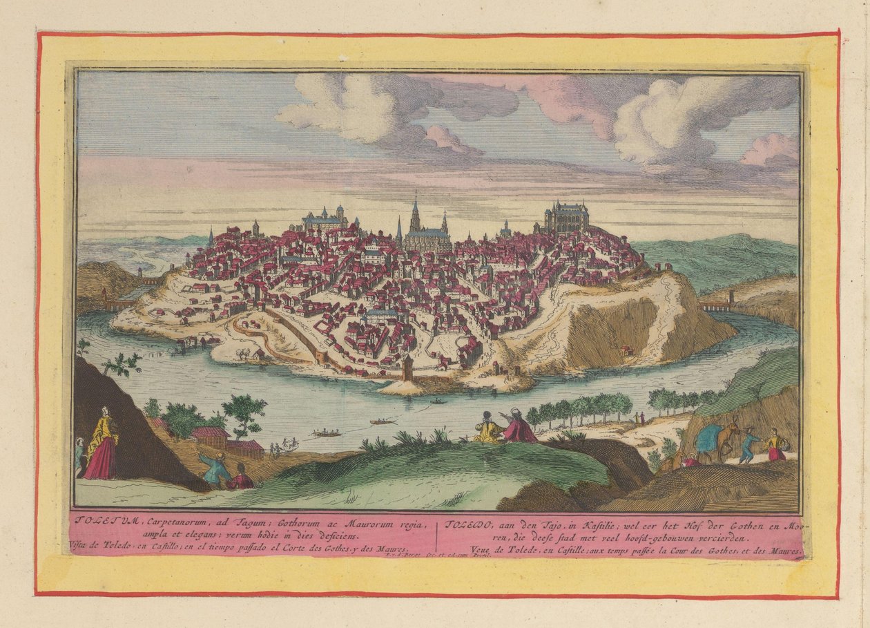 Näkymä Toledon kaupunkiin Toledo, Tajo, Kastilia; kunnioittaa goottien ja maurien tuomioistuinta, joka koristeli tämän kaupungin monilla päärakennuksilla (nimi esineessä) Theatrum Hispaniae (...) (sarjan nimi) tekijältä Pieter van den Berge