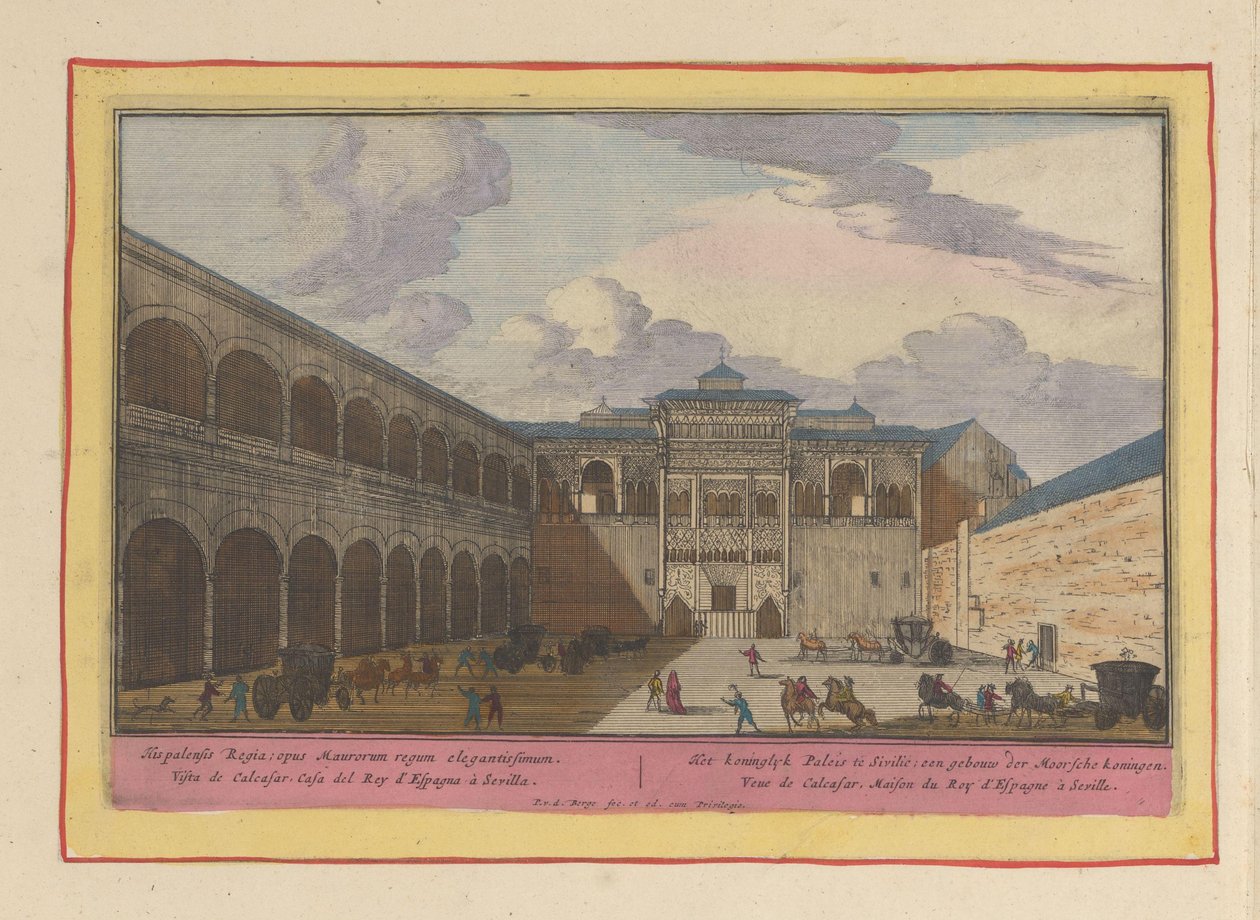 Näkymä Real Alcázar de Sevillan sisäpihalle Sisilian kuninkaallinen palatsi; maurien kuninkaiden rakennus (otsikko esineessä) Theatrum Hispaniae (...) (sarjan nimi) tekijältä Pieter van den Berge