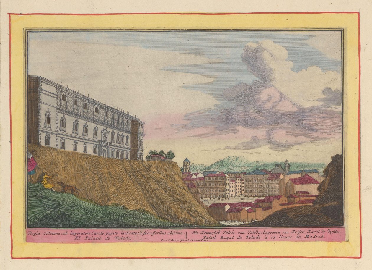 Näkymä Toledon Alcázarille ja kaupunkiin Toledon kuninkaallinen palatsi; aloitti Keizer Karel de Vyfde (otsikko esineessä) Theatrum Hispaniae (...) (sarjan nimi) tekijältä Pieter van den Berge