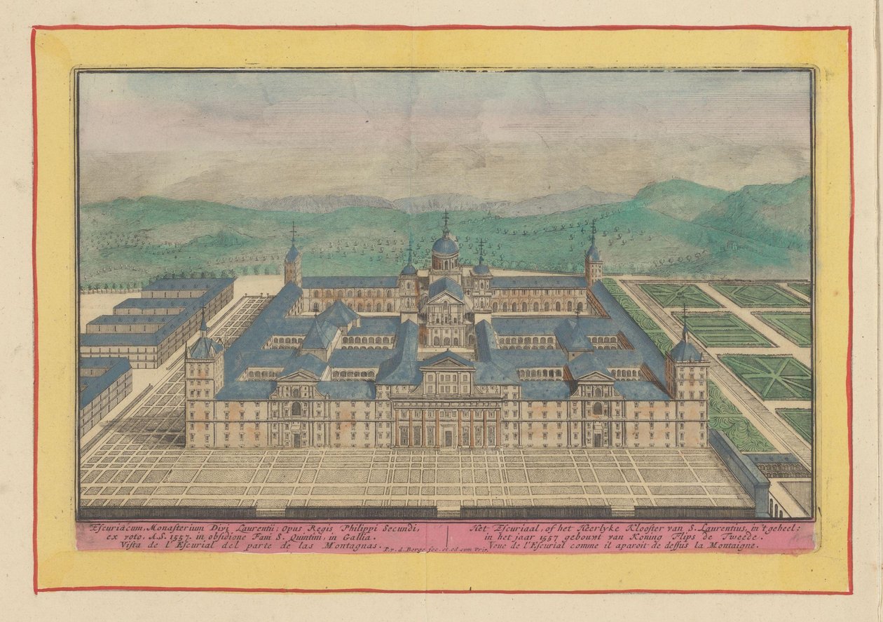 Lintuperspektiivistä Escorialille Escuriaal eli S. Laurentiuksen Heerlyken luostari kokonaisuudessaan: Kuningas Philip Toisen rakentama vuonna 1557 (otsikko esineessä) Theatrum Hispaniae (...) (sarjan nimi) tekijältä Pieter van den Berge