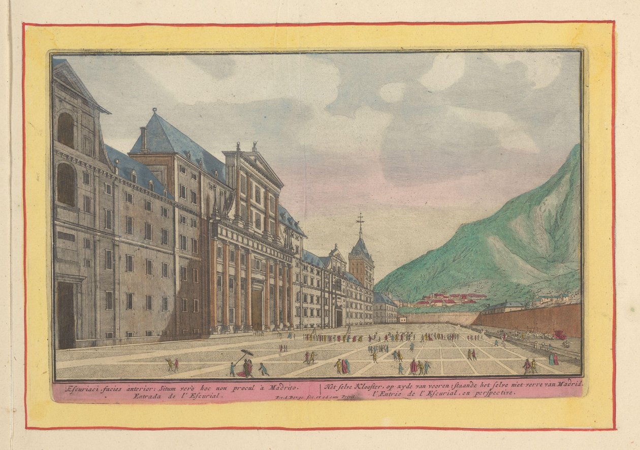 Näkymä Escorialin etupihalle ja julkisivulle Itseluostari etupuolen sivulla; seisoo itse lähellä Madridia (otsikko esineessä) Theatrum Hispaniae (...) (sarjan nimi) tekijältä Pieter van den Berge