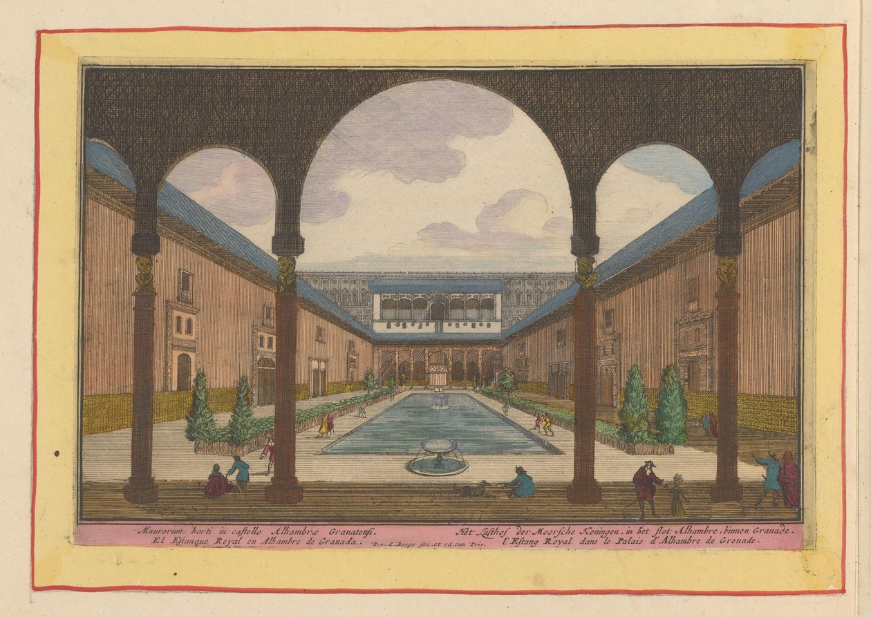 Tuomioistuin Alhambrassa Granadassa The Delight of the Maurish Kings, Alhambren linnassa, Granadin sisällä (otsikko esineessä) Theatrum Hispaniae (...) (sarjan nimi) tekijältä Pieter van den Berge