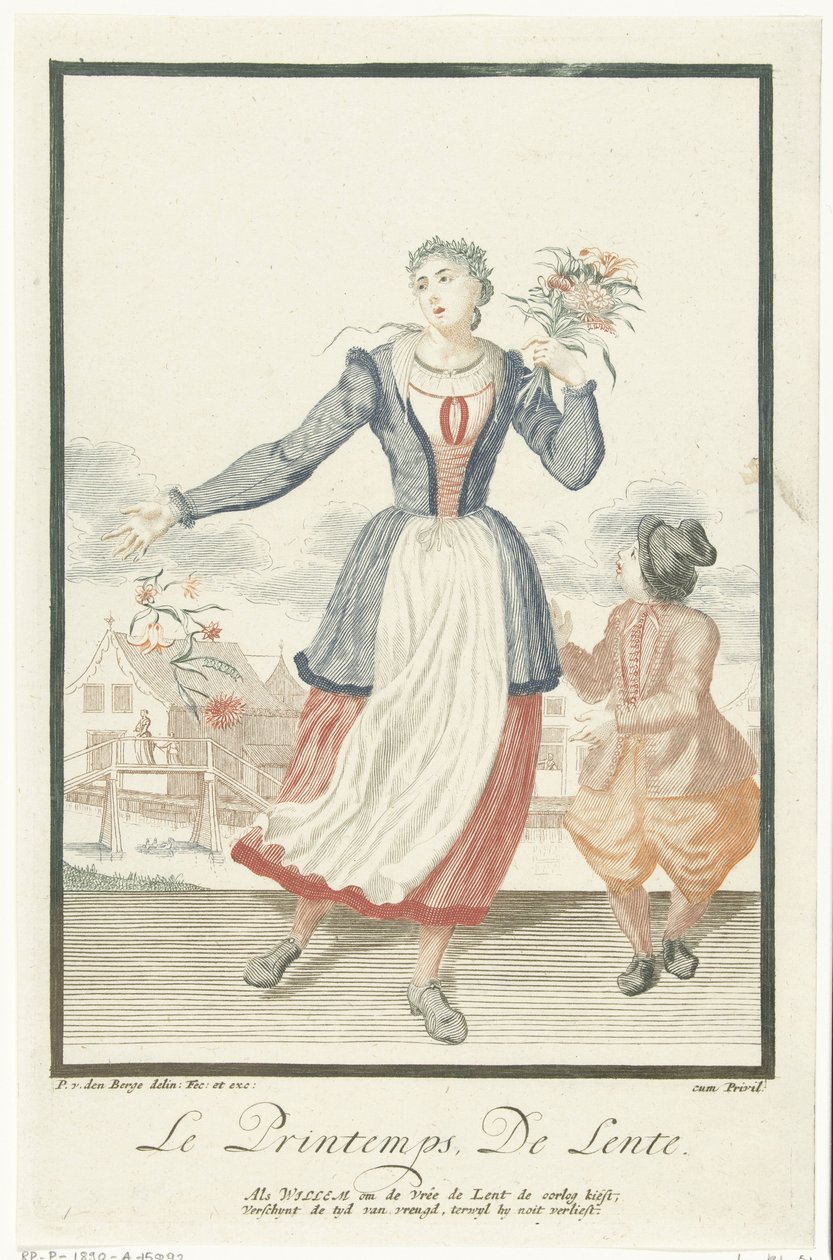 Nuori nainen kukkakimpun kanssa Le Printemps / The Spring (otsikko esineessä) Neljä vuodenaikaa (sarjan nimi) tekijältä Pieter van den Berge
