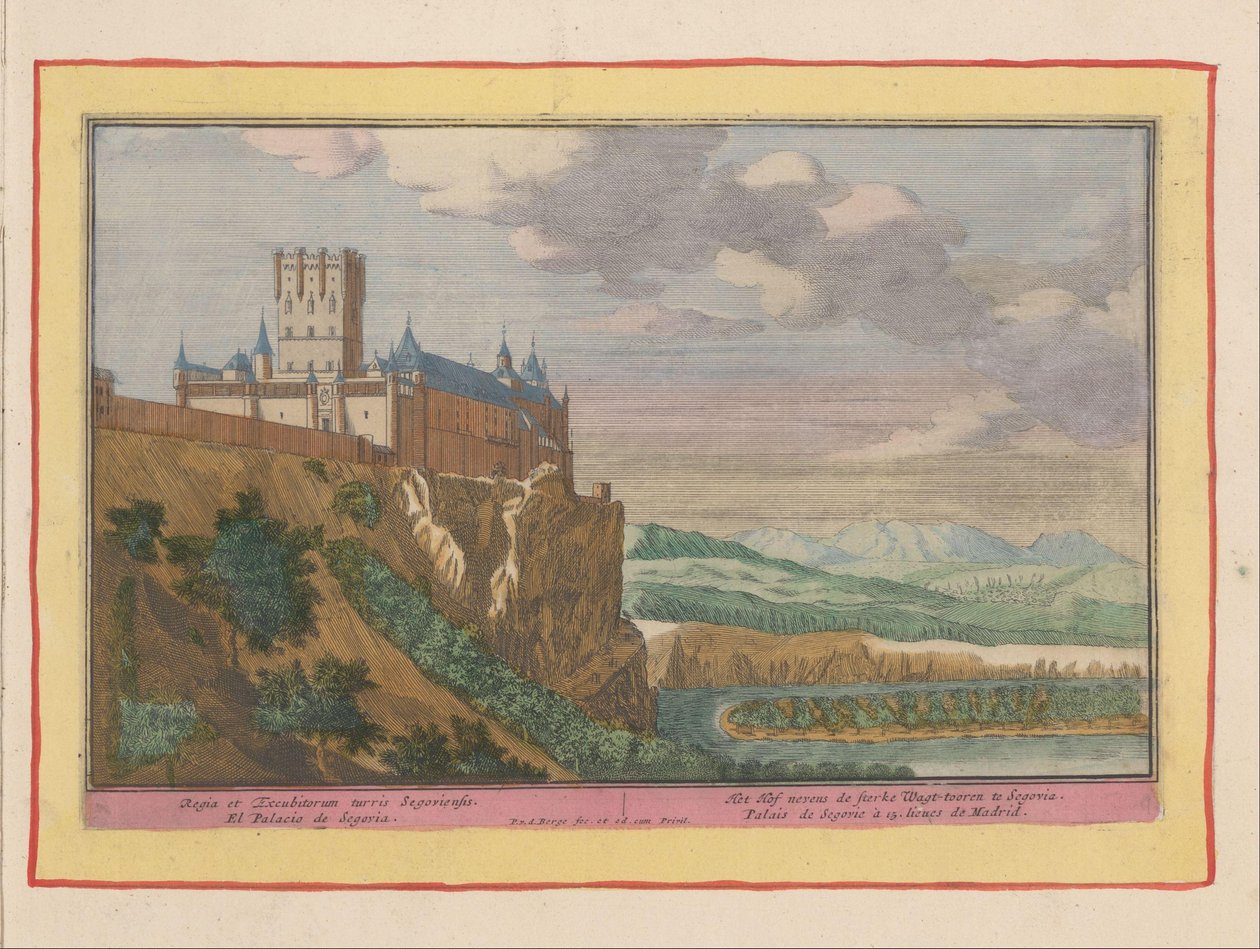 Kasteel van Segovia Het Hof nevens de sterke Wagt-tooren te Segovia / Regia et Excubitorum turris Segovia (otsikko esineessä) Theatre of Spain (...) (sarjan nimi) tekijältä Pieter van den Berge