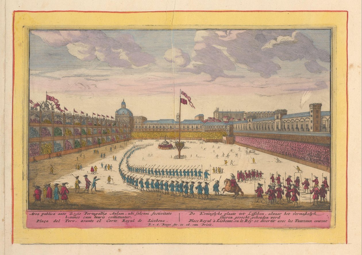 Palace Square Lissabonissa Koninglyke-paikka Lisseboniin, jossa pidettiin hauska härkätaistelu (otsikko esineessä) Theatrum Hispaniae (...) (sarjan nimi) tekijältä Pieter van den Berge