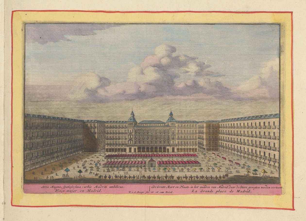 Plaza Mayor Madridissa Great Mart and Place Madridin keskustassa, jossa härkätaistelut ovat esillä (otsikko esineessä) Theatrum Hispaniae (...) (sarjan nimi) tekijältä Pieter van den Berge