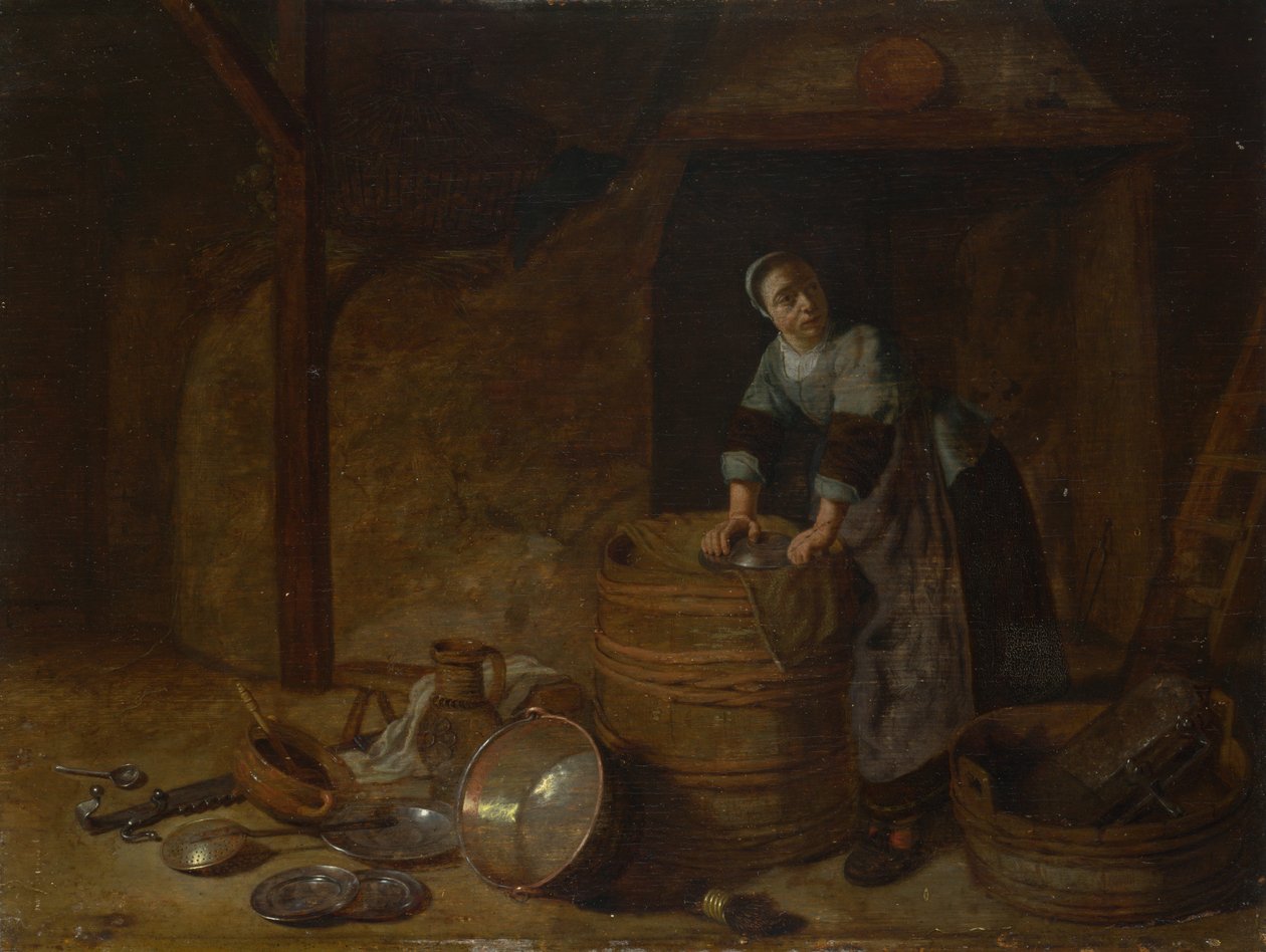 Nainen hankaamassa ruukkua, c. 1650-1660 tekijältä Pieter van den Bosch