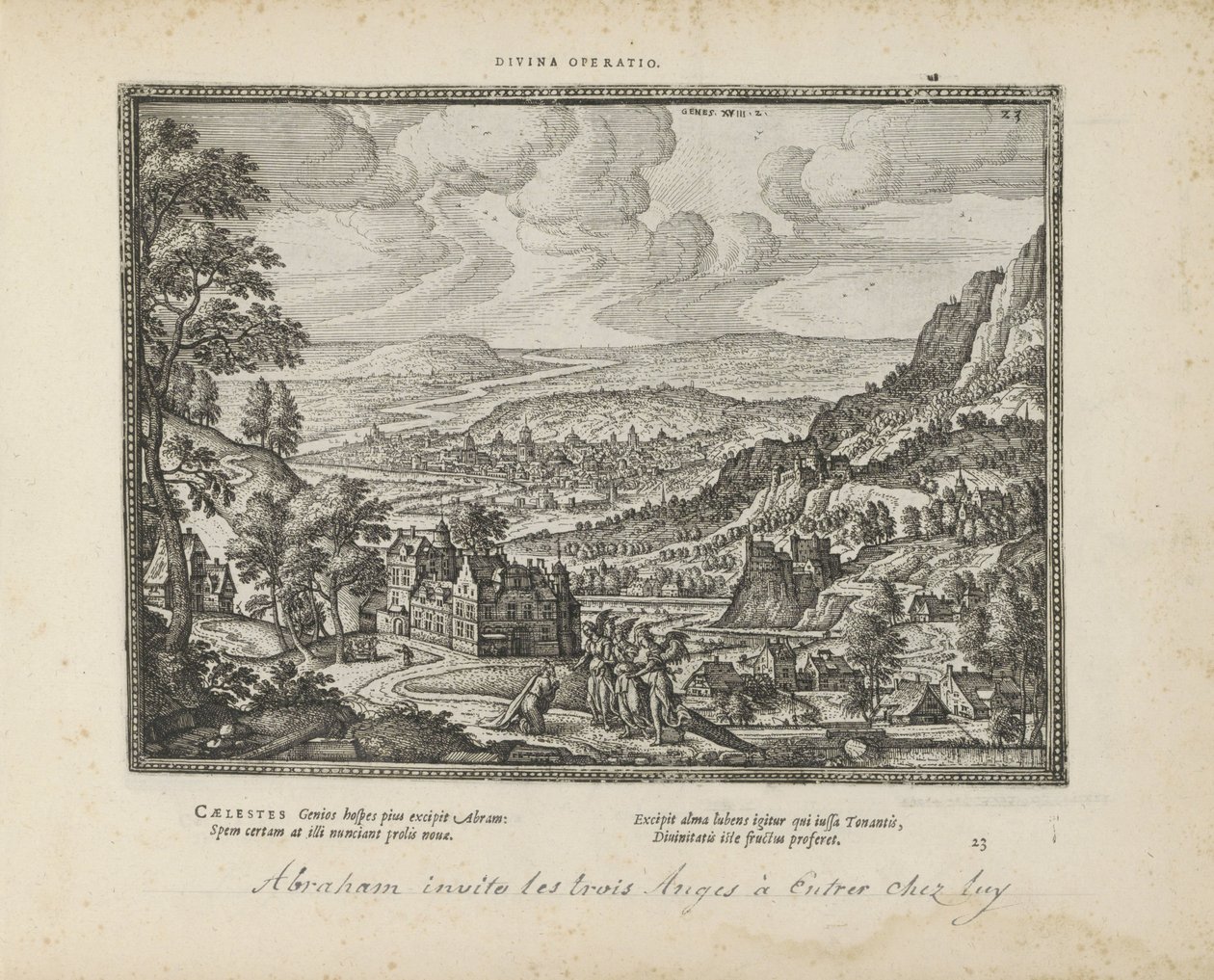 Landschap met Abraham en de drie engelen Divinia operatio (title on object) Emblemata Sacra è praecipuis utriusque testamenti historiis concinnata (Oude Testament) (series title) Imagines et figurae bibliorum (series title) tekijältä Pieter van der Borcht (I)