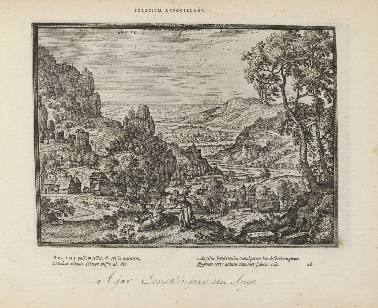 Landschap met Hagar en de engel Lohduttaa tulta (otsikko esineessä) Pyhät tunnukset ja molempien testamenttien tärkeimmät historiat (Oude Testament) (sarjan nimi) Kirjojen kuvia ja hahmoja (sarjan nimi) tekijältä Pieter van der Borcht (I)