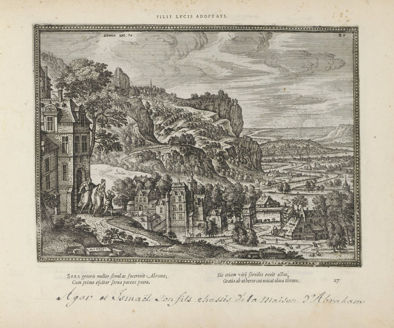 Landschap met de verdrijving van Hagar en Ismaël door Abraham Lucuksen adoptoidut pojat (otsikko esineessä) Pyhät tunnukset ja molempien testamenttien tärkeimmät historiat (Oude Testament) (sarjan nimi) Kirjojen kuvia ja hahmoja (sarjan nimi) tekijältä Pieter van der Borcht (I)