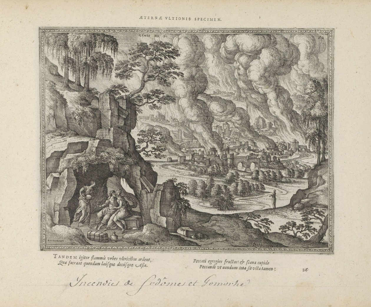 Vernietiging van Sodom en Gomorrah / Lot en zijn dochters Ikuinen oikeuden muistomerkki (nimi esineessä) Pyhät tunnukset ja molempien testamenttien tärkeimmät historiat (Oude Testament) (sarjan nimi) Kirjojen kuvia ja hahmoja (sarjan nimi) tekijältä Pieter van der Borcht (I)