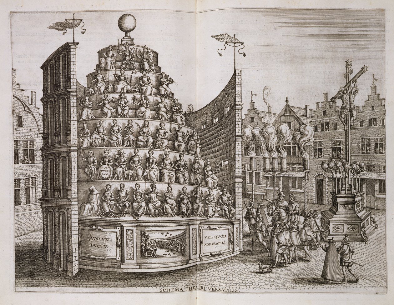 Siirrettävää teatteria kuvaava kuvitus "Hitorican kertomuksesta lähtö- ja vihkiäisistä...", kirjoittanut Johannes Bochius, Plantin Press, 1602 tekijältä Pieter van der Borcht