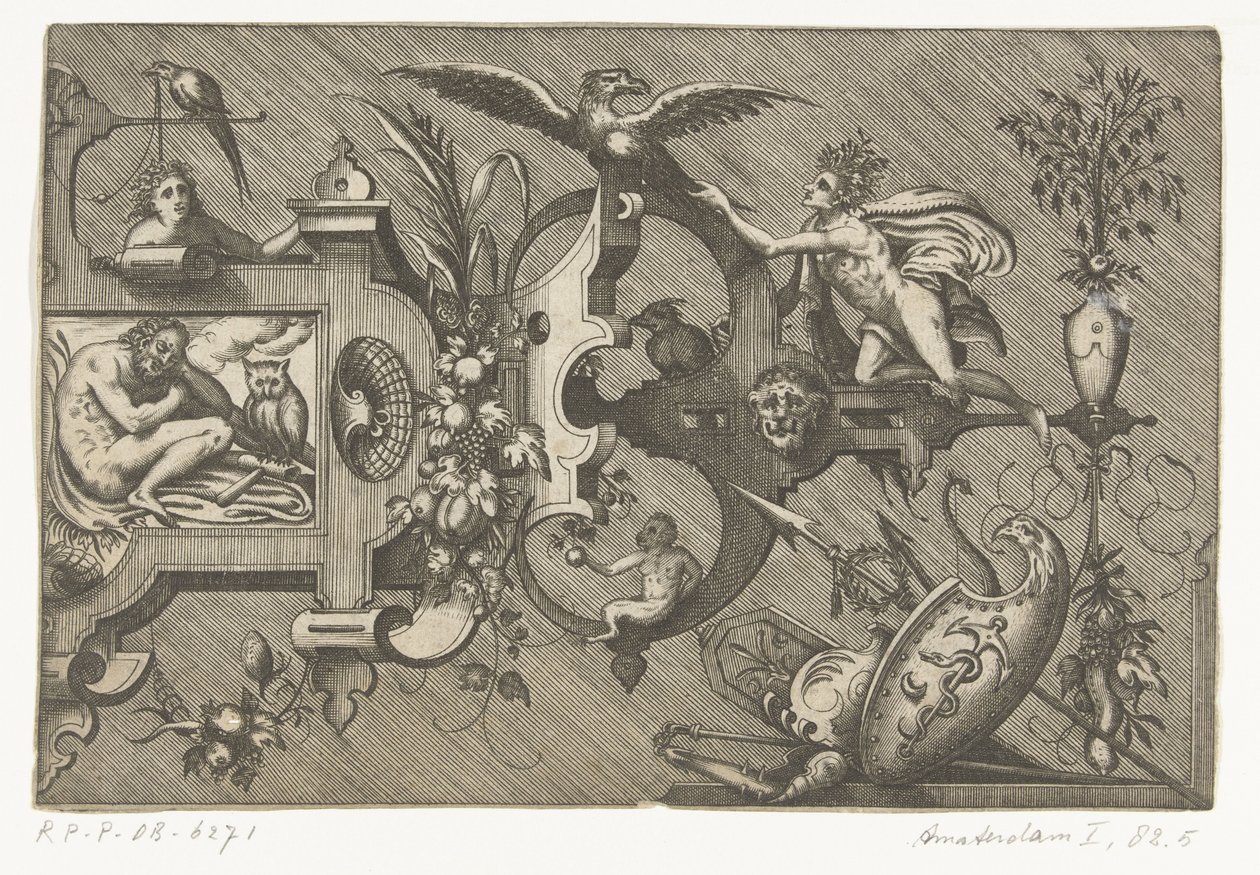 Yötä kuvaavan suuren cartussin oikea puoli Compertimenta pictoriis flosculis manubiisque… (sarjan nimi) tekijältä Pieter van der Heyden