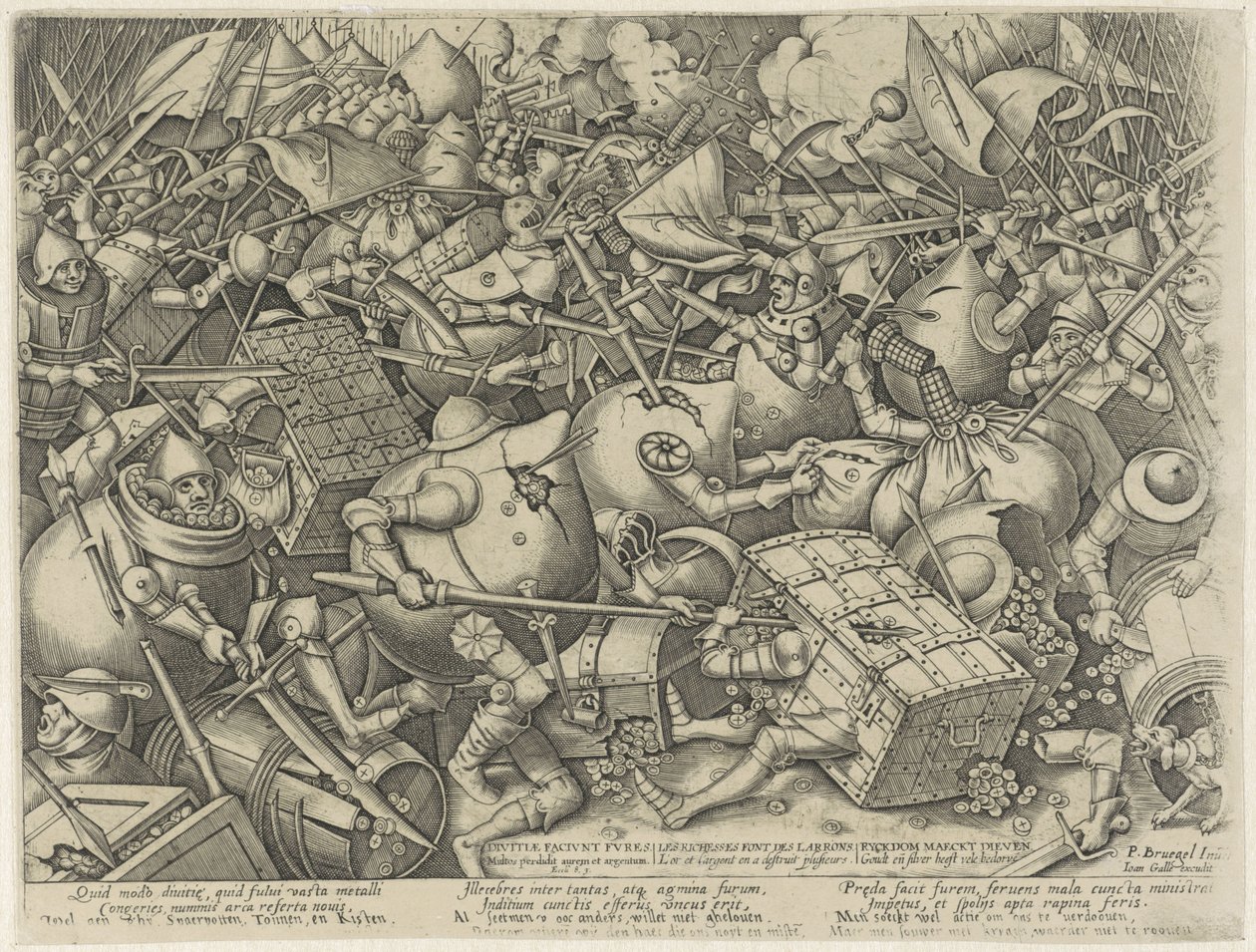 Taistelu rahapussien ja rahaarkkujen välillä Divitiae faciunt fures / Les Richesses font des larrons / Ryckdom maeckt thieves (otsikko esineessä) tekijältä Pieter van der Heyden