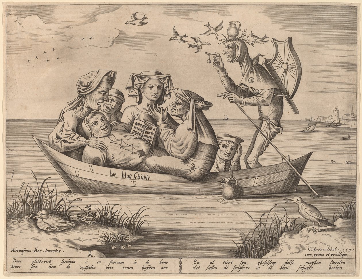 Die Blau Schuyte (tyhmien laiva) tekijältä Pieter van der Heyden after Hieronymus Bosch