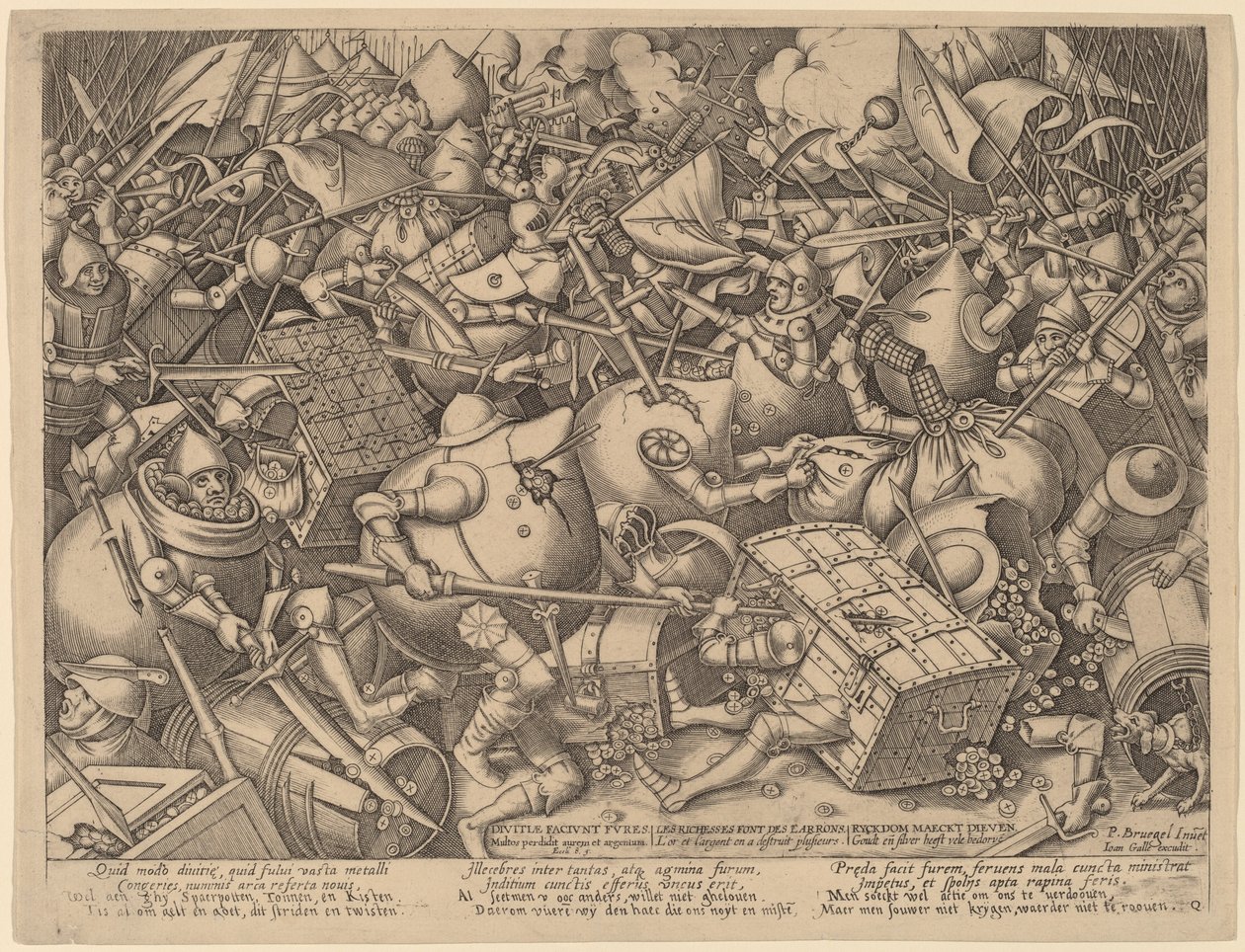 Rahapussien ja vahvojen laatikoiden taistelu tekijältä Pieter van der Heyden after Pieter Bruegel the Elder