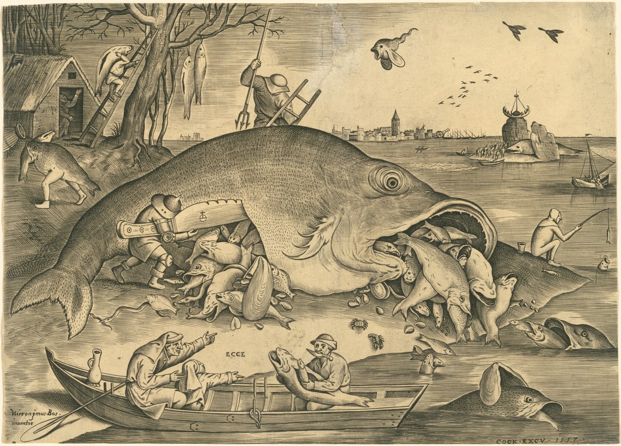 Isot kalat syövät pienen kalan tekijältä Pieter van der Heyden after Pieter Bruegel the Elder