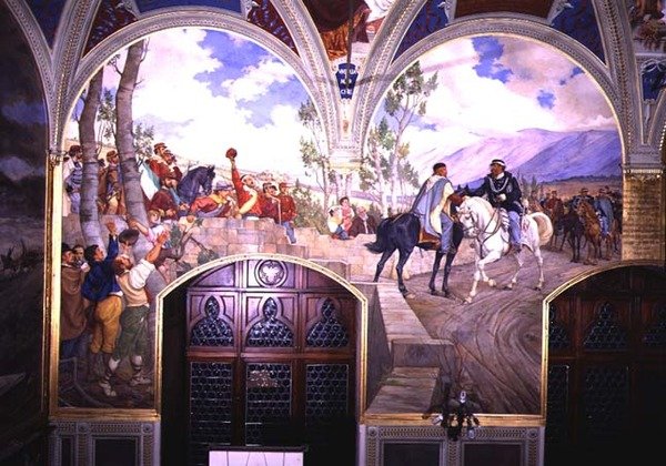 Giuseppe Garibaldin (1807-82) ja kuningas Vittorio Emanuele II:n (1820-78) tapaaminen 26. lokakuuta 1860 Teanossa, Italiassa, 1886 (katso lisätietoja numerosta 106238) tekijältä Pietro Aldi