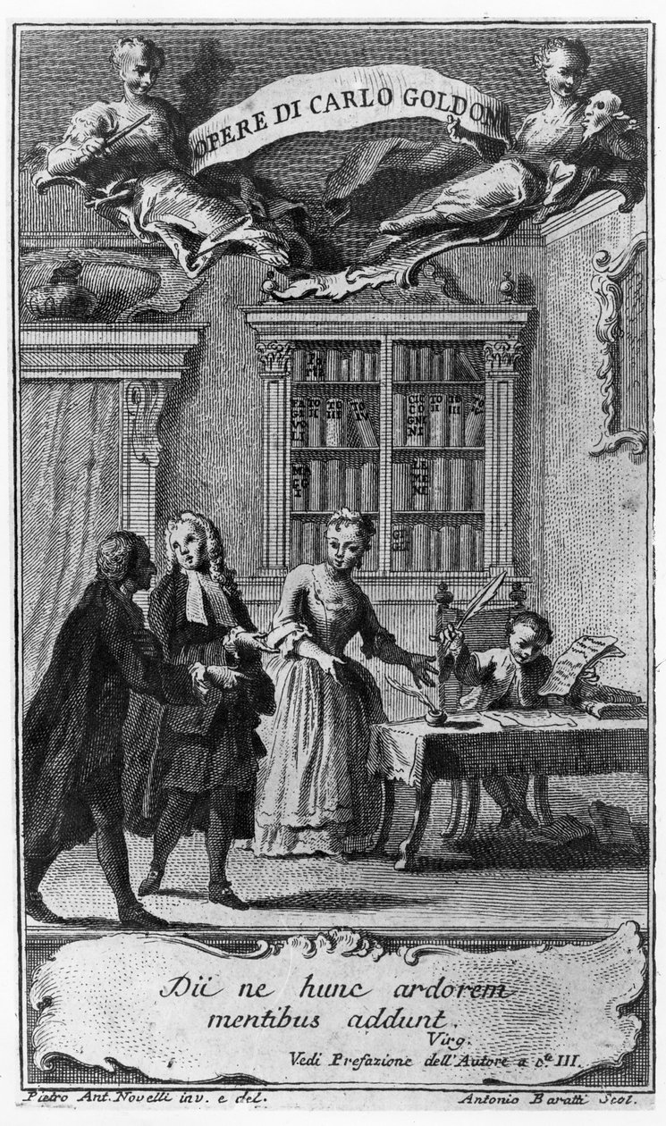 Carlo Goldoni, 8, kirjoittaa ensimmäisen teoksensa äitinsä ja Bergamascon apottin läsnäollessa "Opere di Carlo Goldonista", kaiverrettu Antonio Baratti, 1761 tekijältä Pietro Novelli