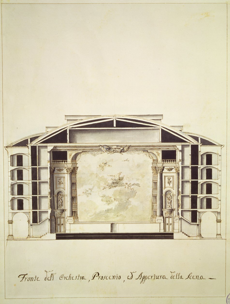 Poikkileikkausnäkymä teatterista Grand Canalilla näyttämällä näyttämöä ja orkesteria, 1787 tekijältä Pietro Bianchi