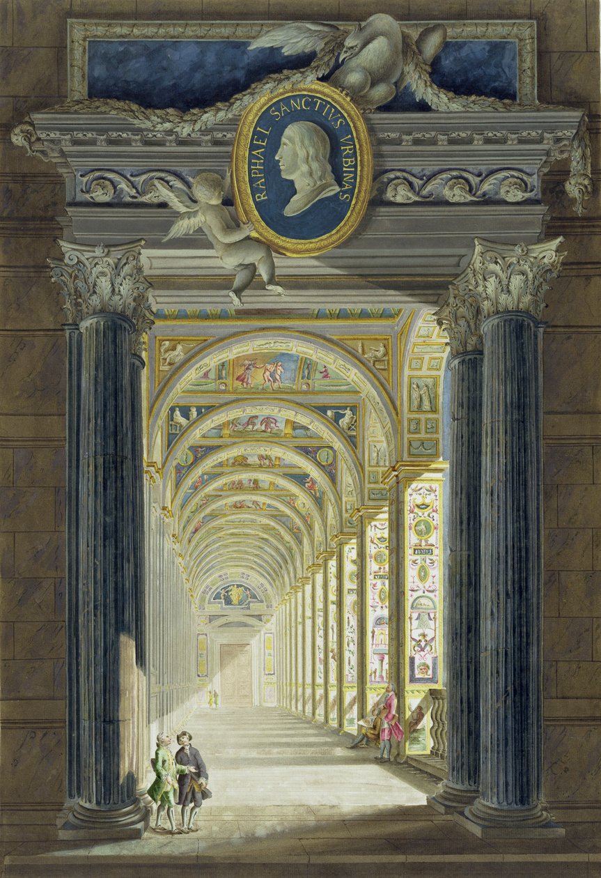 Etukappale, jossa on Rafaelin (1483-1520) medaljonkimuotokuva, Delle Loggie di Rafaele nel Vaticanosta, kaiverrus Giovanni Volpato (1735-1803), julkaistu n. 1772-77 (käsinvärinen kaiverrus) tekijältä Pietro Camporesi