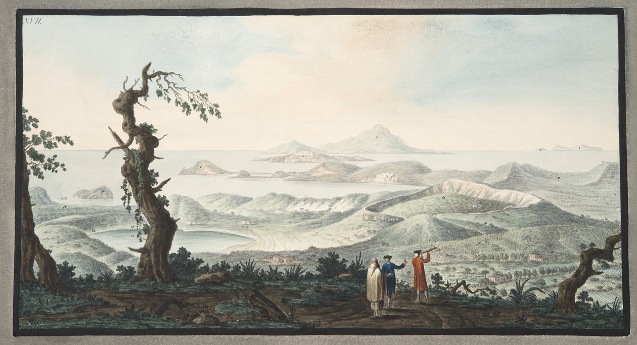 Lintuperspektiivi Camalpolin luostarista, levy XVII, Sir William Hamiltonin (1730-1803) teoksesta "Campi Flegrei: Observations on the Volcanoes of the Two Sicilies", julkaistu 1776 (käsiyhteistyö) tekijältä Pietro Fabris