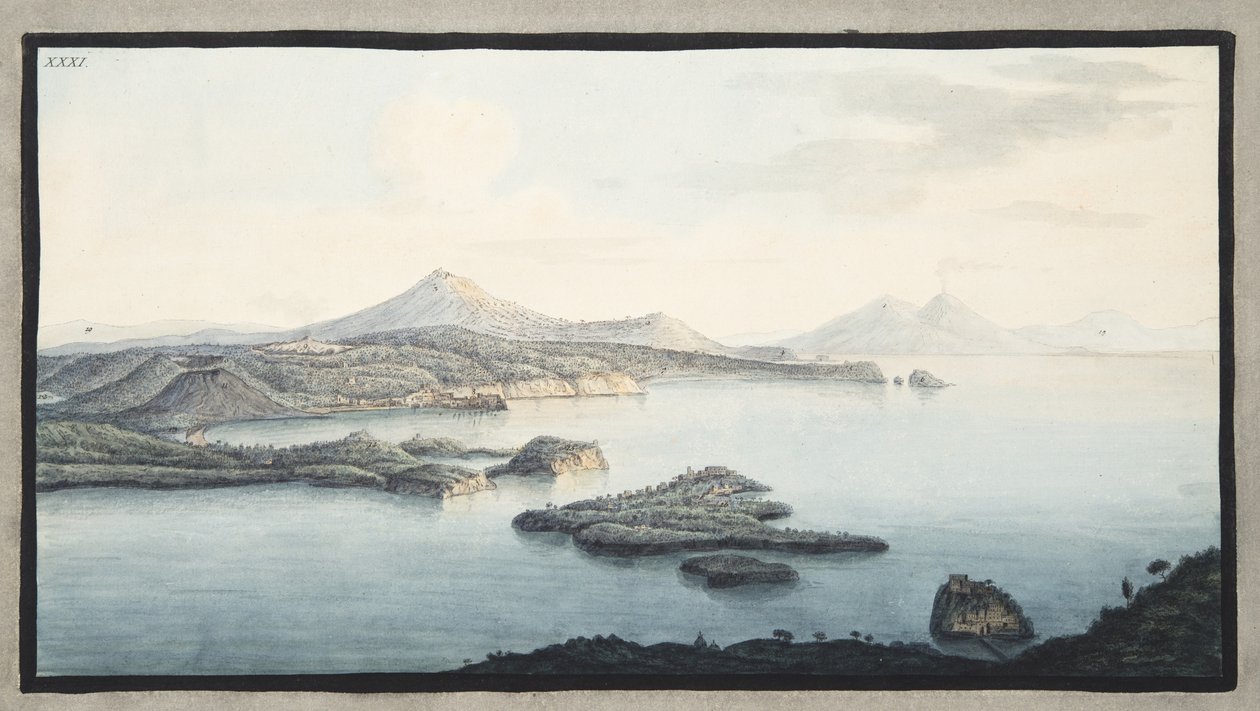 Lintuperspektiivistä tulivuoren räjähdyksen nostama alue, levy XXXI, Sir William Hamiltonin (1730-1803) teoksesta "Campi Phlegraei: Observations on the Volcanoes of the Two Sicilies" tekijältä Pietro Fabris