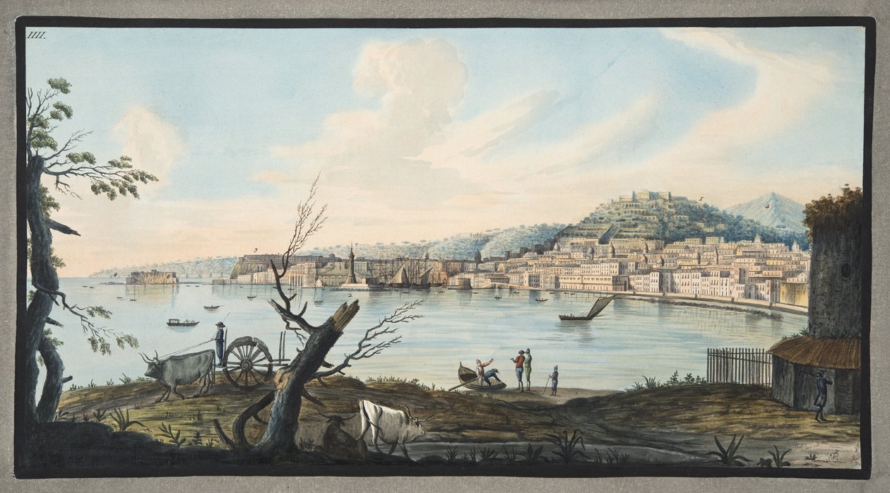 Napolinlahti meren rannalta lähellä Maddalenan siltaa, levy 4 julkaisusta "Campi Flegrei: Observations of the Volcanoes of the Two Sicilies", Sir William Hamilton (1730-1803), julkaistu 1776 (wc on pap tekijältä Pietro Fabris