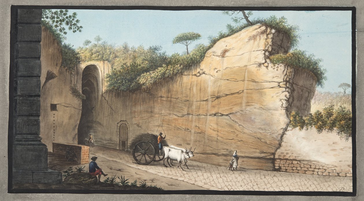 Pausilipon luolan sisäänkäynti, levy XVI, Sir William Hamiltonin (1730-1803) teoksesta "Campi Phlegraei: Havaintoja kahden Sisilian tulivuorista", julkaistu 1776 (käsinvärinen kaiverrus) tekijältä Pietro Fabris