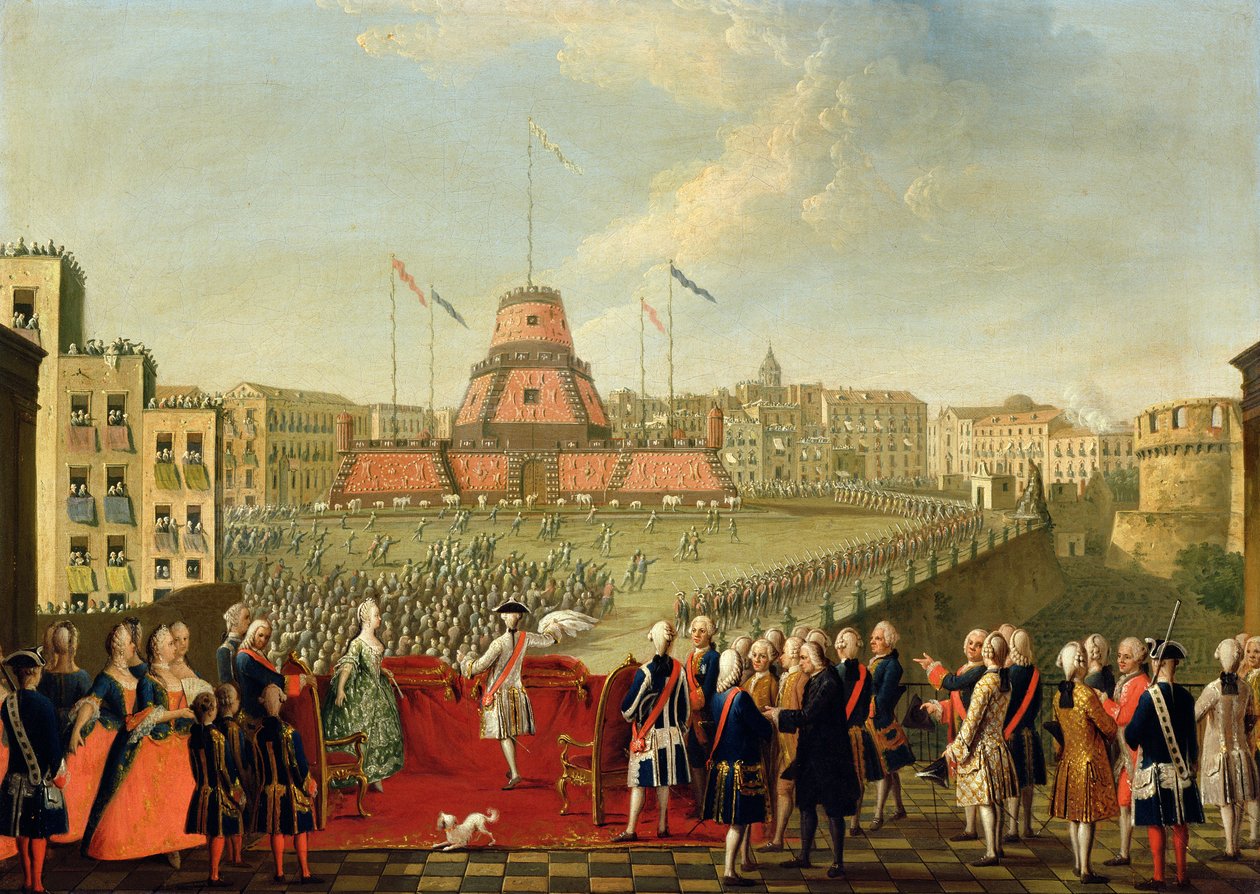Juhla Napolissa, kun kuningas Ferdinand I (1751-1825) solmi avioliiton Itävallan arkkiherttuatar Maria Carolinan (1752-1814) kanssa 1768 tekijältä Pietro Fabris