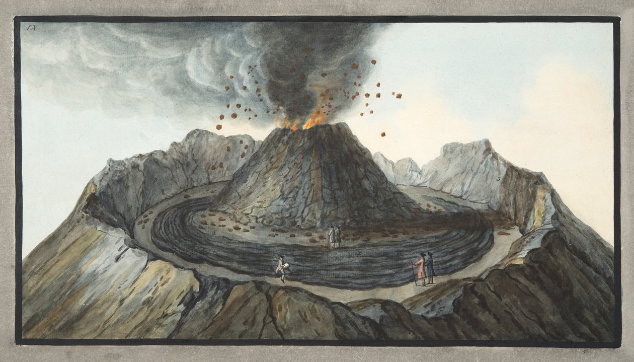 Vesuviuksen kartio ennen vuoden 1767 purkausta, sir William Hamiltonin (1730-1803) julkaisusta "Campi Flegrei: Observations on the Volcanoes of the Two Sicilies", levy 9, julkaistu 1776 (wc o) tekijältä Pietro Fabris