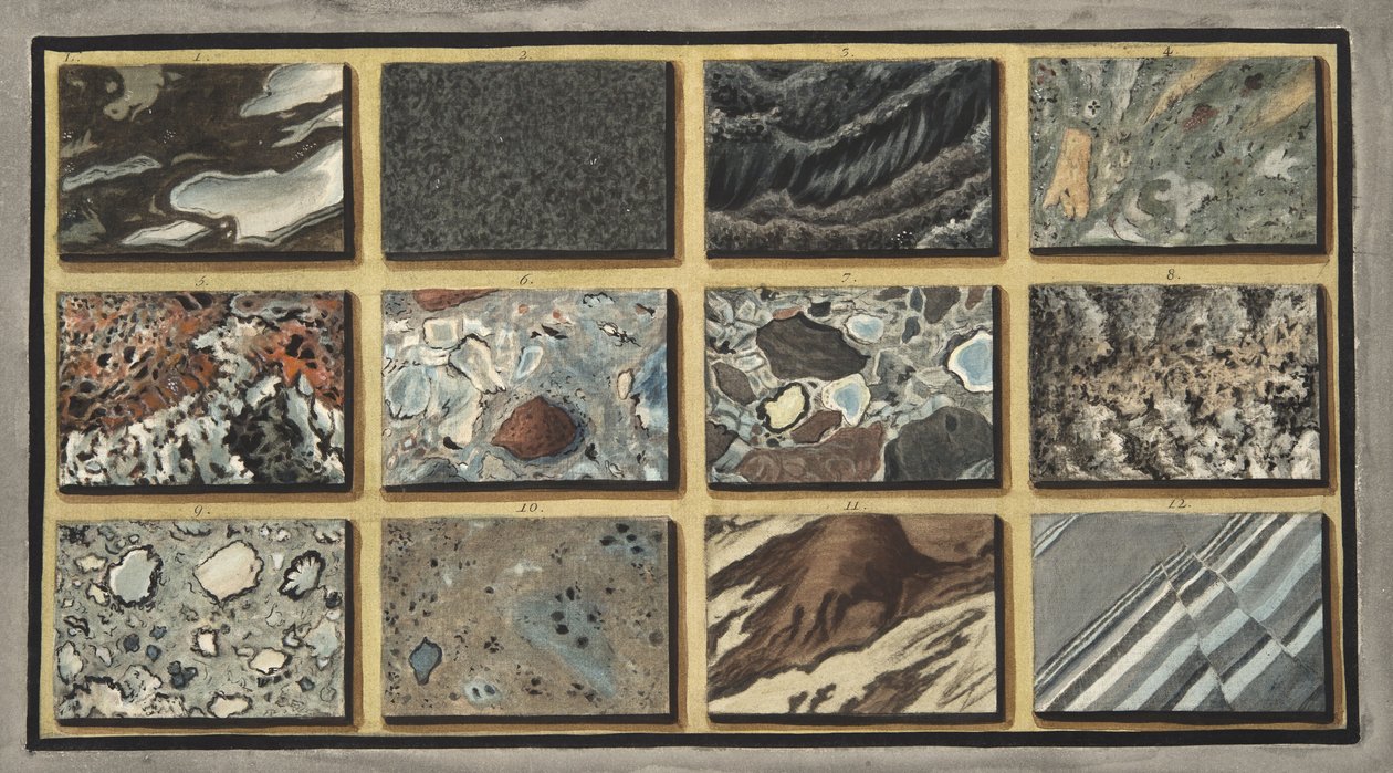 Marmori ja muut kiillotetut Vesuviuksen sekakivet, levy L, Sir William Hamiltonin (1730-1803) teoksesta "Campi Phlegraei: Observations on the Volcanoes of the Two Sicilies", julkaistu 1776 (käsin väri) tekijältä Pietro Fabris