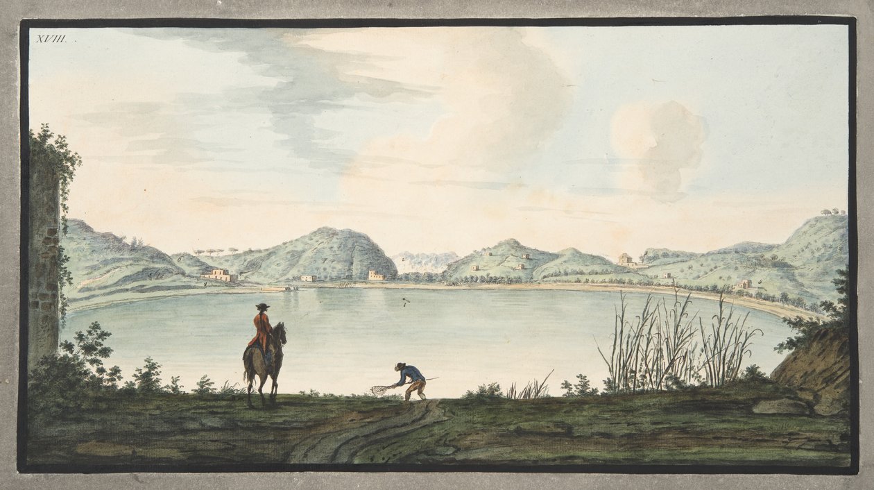 Agnanon järvi, ilmeisesti muinaisen tulivuoren kraatteri, levy XVIII, Sir William Hamiltonin (1730-1803) teoksesta Campi Phlegraei: Observations on the Volcanoes of the Two Sicilies. tekijältä Pietro Fabris
